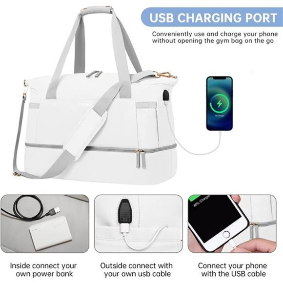 Gym Bag for Women Sports Travel Duffel w/ USB Charging Port Weekender Overnight - Picture 2 of 8